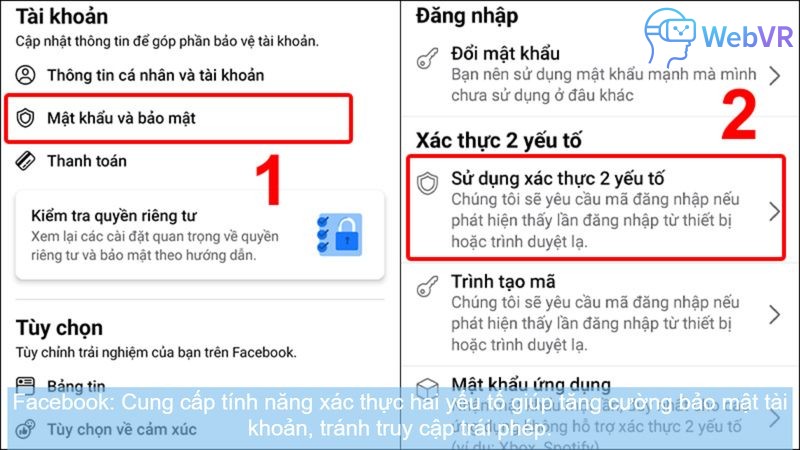 Facebook: Cung cấp tính năng xác thực hai yếu tố giúp tăng cường bảo mật tài khoản, tránh truy cập trái phép.