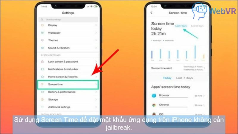 Sử dụng Screen Time để đặt mật khẩu ứng dụng trên iPhone không cần jailbreak.