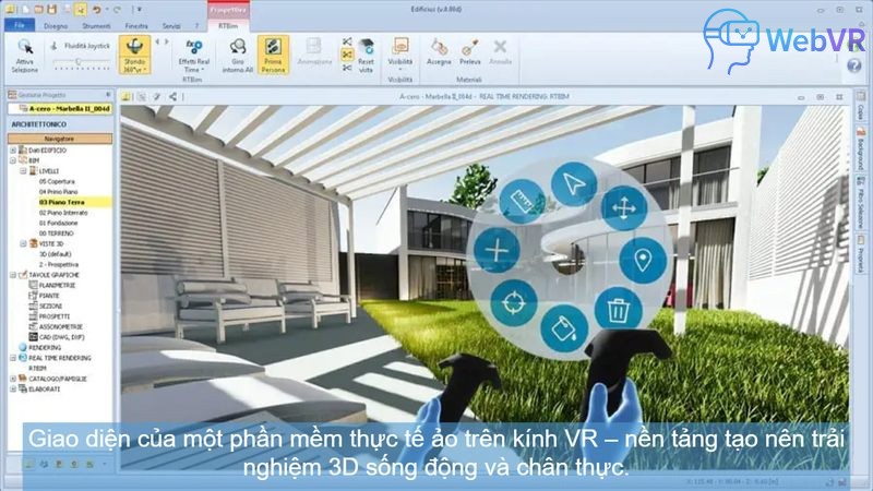 Giao diện của một phần mềm thực tế ảo trên kính VR – nền tảng tạo nên trải nghiệm 3D sống động và chân thực.