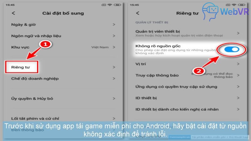 Trước khi sử dụng app tải game miễn phí cho Android, hãy bật cài đặt từ nguồn không xác định để tránh lỗi.