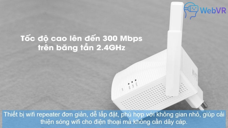 Thiết bị wifi repeater đơn giản, dễ lắp đặt, phù hợp với không gian nhỏ, giúp cải thiện sóng wifi cho điện thoại mà không cần dây cáp.