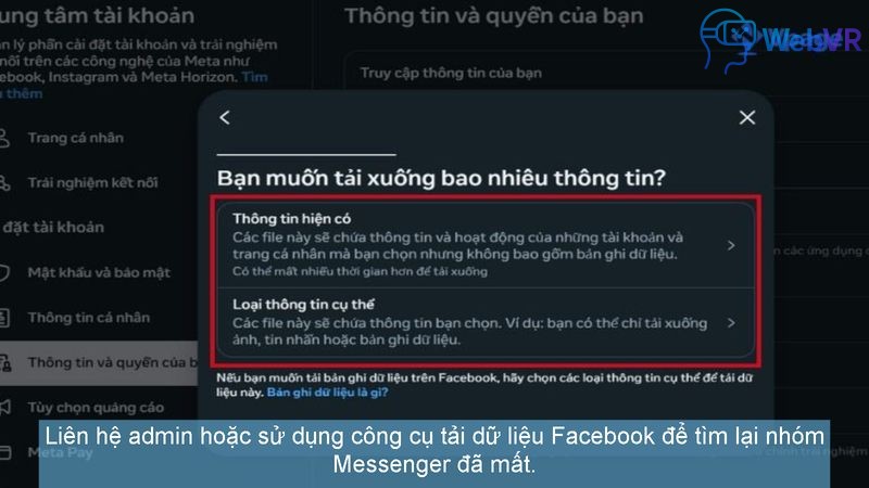 Liên hệ admin hoặc sử dụng công cụ tải dữ liệu Facebook để tìm lại nhóm Messenger đã mất.
