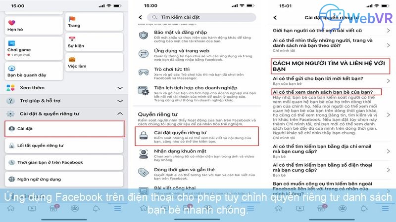 Ứng dụng Facebook trên điện thoại cho phép tùy chỉnh quyền riêng tư danh sách bạn bè nhanh chóng.
