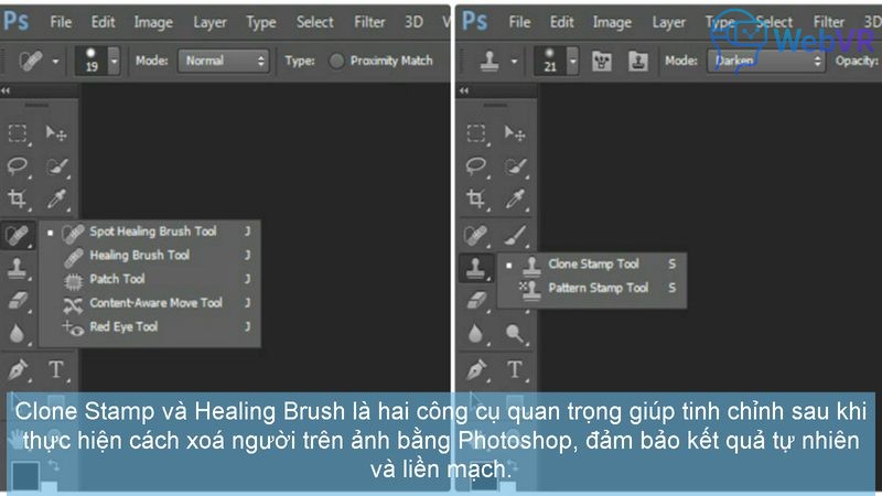 Clone Stamp và Healing Brush là hai công cụ quan trọng giúp tinh chỉnh sau khi thực hiện cách xoá người trên ảnh bằng Photoshop, đảm bảo kết quả tự nhiên và liền mạch.